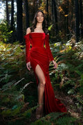 BMbride Velvet evening dresses long red | Prom dresses with sleeves BMbride
