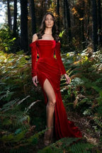 BMbride Velvet evening dresses long red | Prom dresses with sleeves BMbride