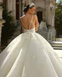 BMbride Vintage Ball Gown Lace Spaghetti Straps Sleeveless White Wedding Dress With Appliques Train BMbride