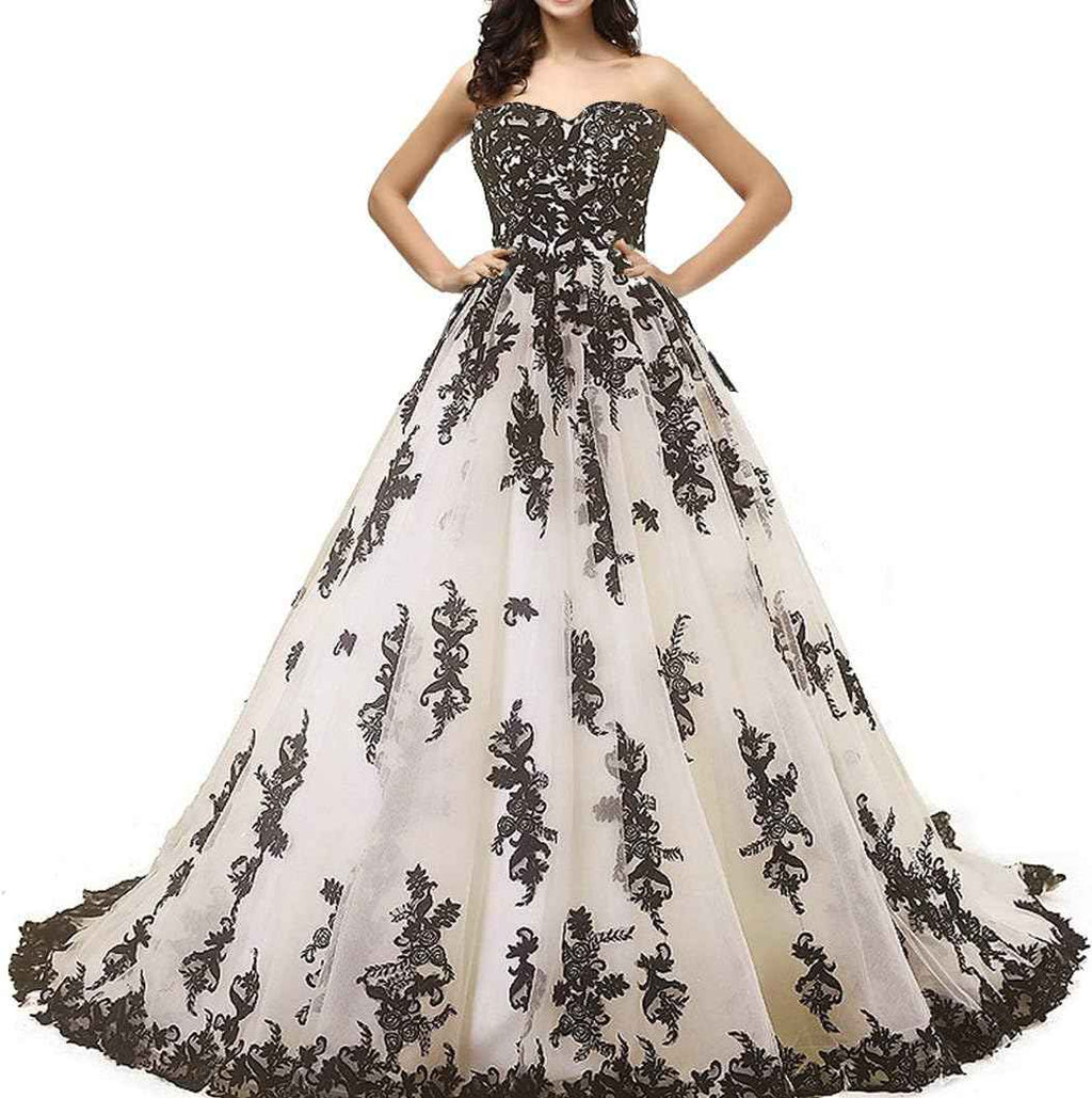 Vintage Gothic Black Lace Ball Gown Long Prom Dresses Gowns Bmbride