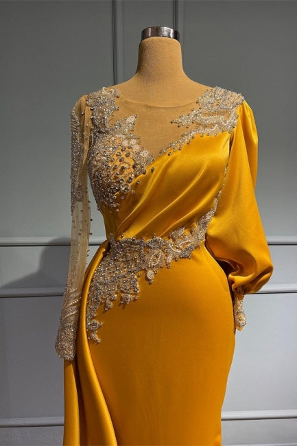 BMbride Vintage Jewel Asymmetric Beading Long Sleeves Prom Dress with Appliques BMbride