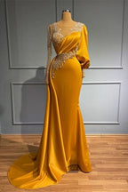 BMbride Vintage Jewel Asymmetric Beading Long Sleeves Prom Dress with Appliques BMbride