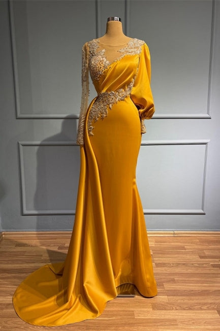 BMbride Vintage Jewel Asymmetric Beading Long Sleeves Prom Dress with Appliques BMbride
