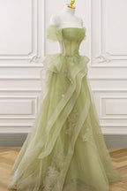 Lovely Green Tulle Lace Long Prom Dress with a Form-Fitting Corset BM bride