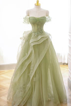 Lovely Green Tulle Lace Long Prom Dress with a Form-Fitting Corset BM bride