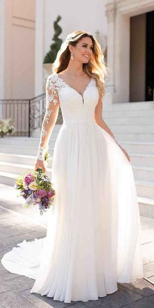 Wedding Dresses for Bride 2025 with Lace Appliques Chiffon A Line Women Dress Long Sleeves Beach Bride Dress - Bmbride