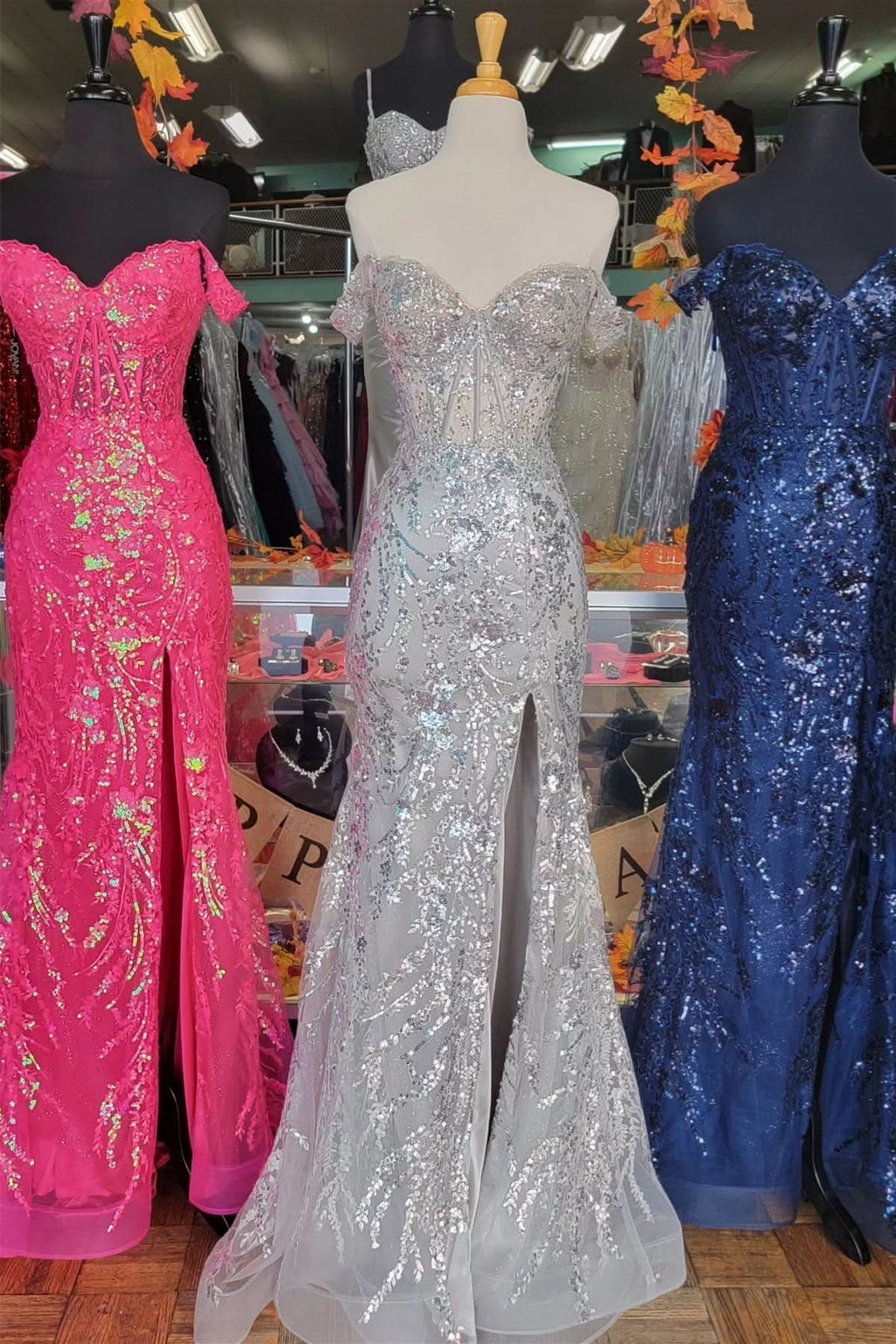 Elegant Off-the-Shoulder Floral A-Line Prom Dress with Tiered Ruffles BM bride