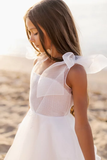 BMbride White A-line Sleeveless Straps Flower Girls Dress With Pearl BMbride
