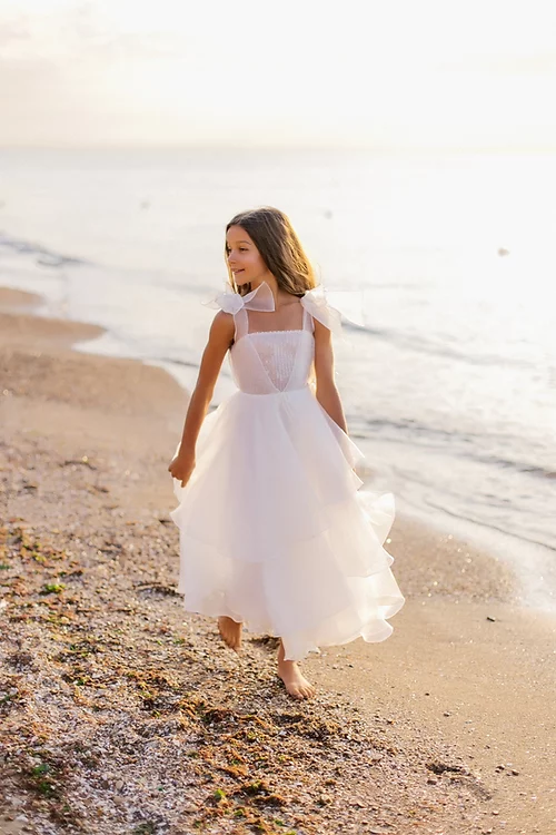 BMbride White A-line Sleeveless Straps Flower Girls Dress With Pearl BMbride