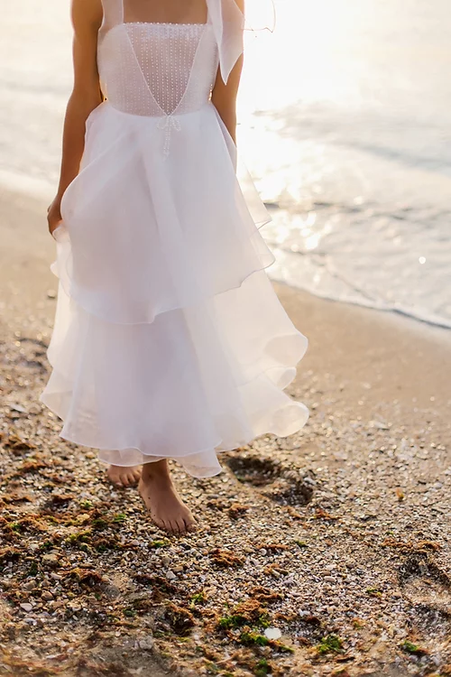 BMbride White A-line Sleeveless Straps Flower Girls Dress With Pearl BMbride