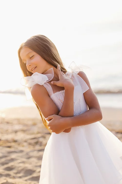 BMbride White A-line Sleeveless Straps Flower Girls Dress With Pearl BMbride