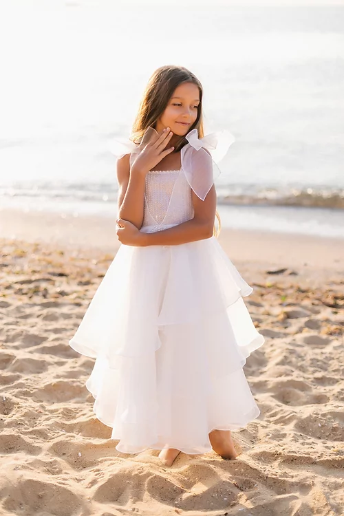 BMbride White A-line Sleeveless Straps Flower Girls Dress With Pearl BMbride