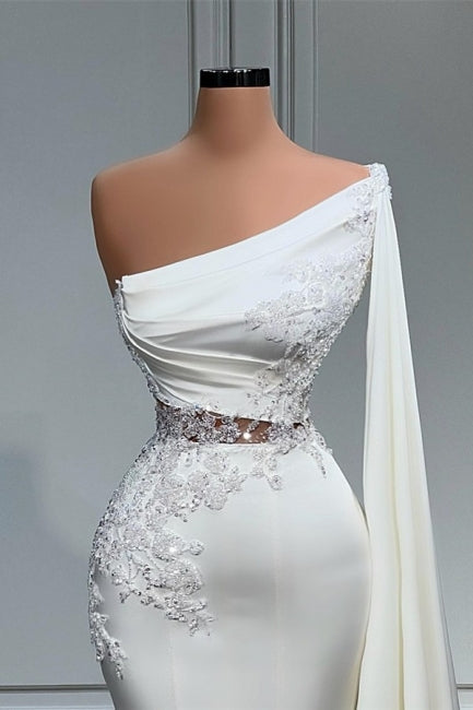 BMbride White Asymmetric One Shoulder Mermaid Stretch Satin Prom Dress BMbride