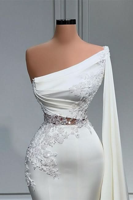 BMbride White Asymmetric One Shoulder Mermaid Stretch Satin Prom Dress BMbride