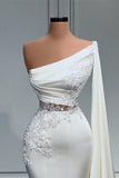 BMbride White Asymmetric One Shoulder Mermaid Stretch Satin Prom Dress BMbride