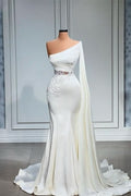 BMbride White Asymmetric One Shoulder Mermaid Stretch Satin Prom Dress BMbride