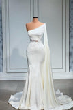 BMbride White Asymmetric One Shoulder Mermaid Stretch Satin Prom Dress BMbride