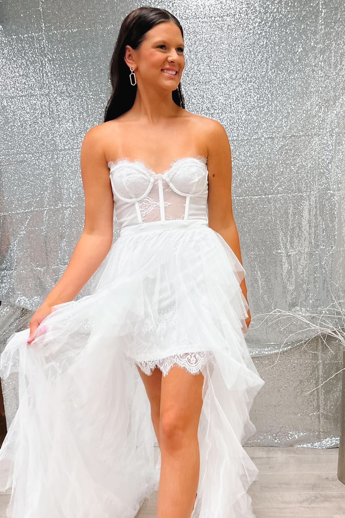 Enchanting High-Low White Lace Corset Party Dress with Delicate Ruffles BM bride