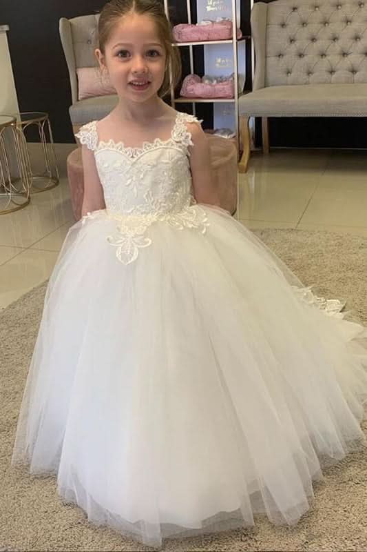 BMbride White Lovely Flower Girl Dress Tulle With Lace Appliques BMbride