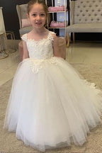 BMbride White Lovely Flower Girl Dress Tulle With Lace Appliques BMbride