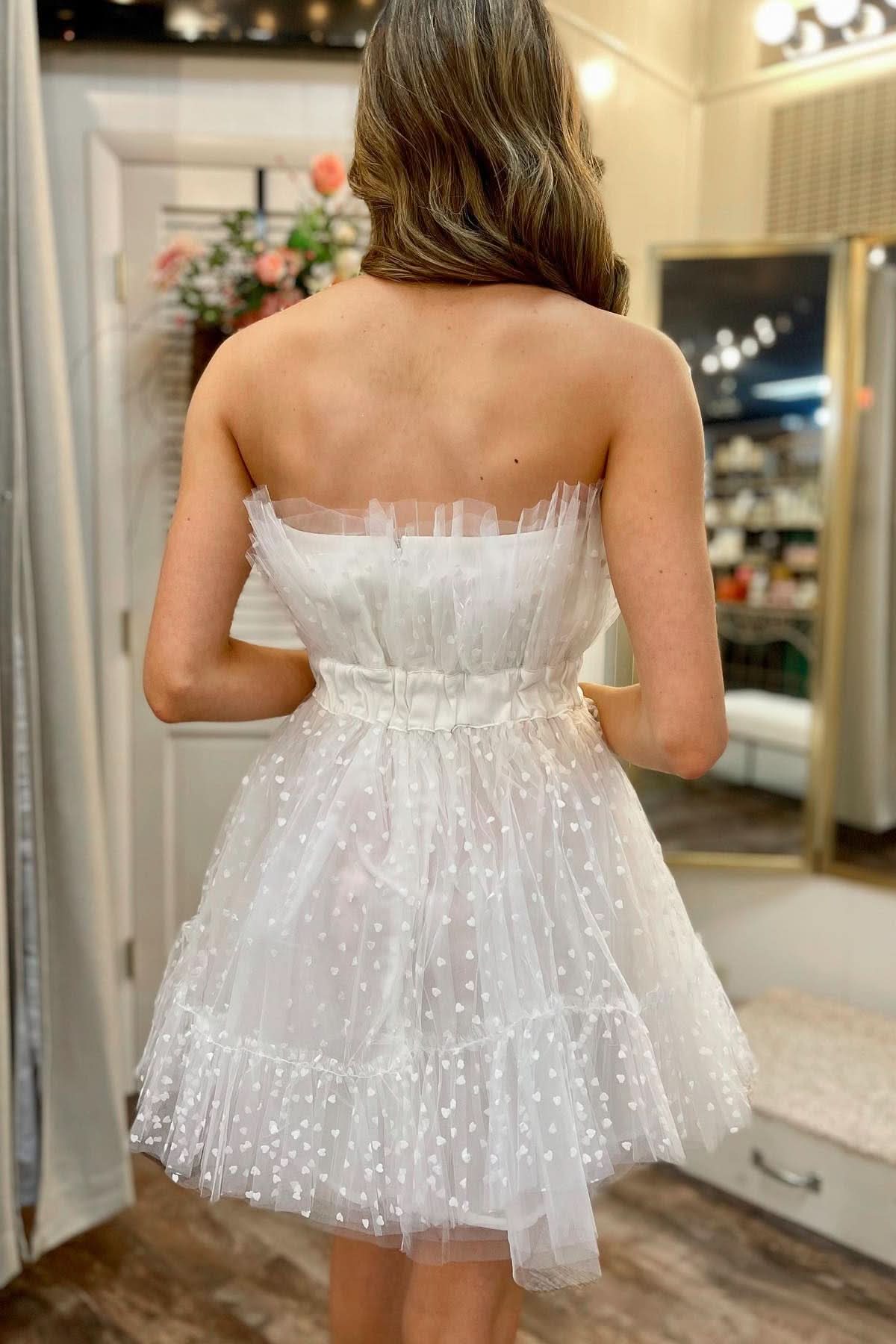 Chic A-Line White Polka Dot Strapless Ruffle Short Homecoming Dress BM bride