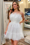 Chic A-Line White Polka Dot Strapless Ruffle Short Homecoming Dress BM bride