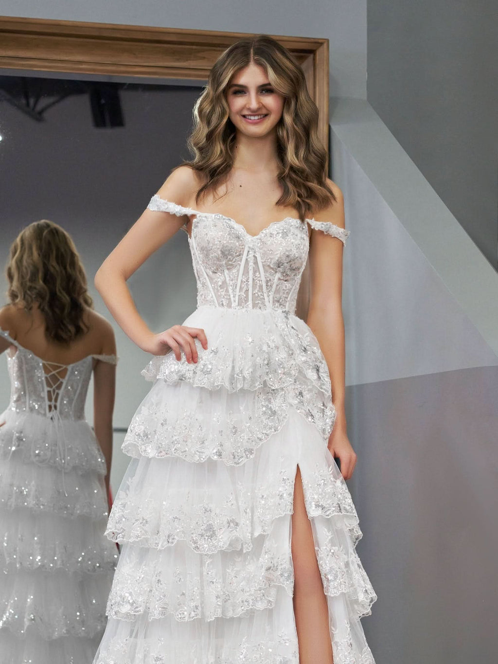 Graceful White Princess A-Line Off-the-Shoulder White Corset Prom Dress with Lace Ruffles BM bride