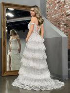 Graceful White Princess A-Line Off-the-Shoulder White Corset Prom Dress with Lace Ruffles BM bride
