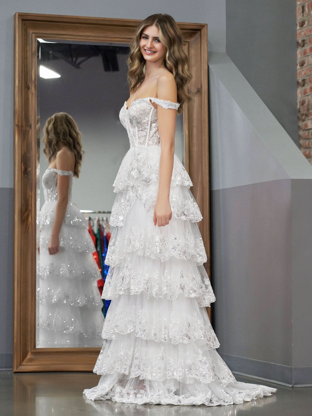 Graceful White Princess A-Line Off-the-Shoulder White Corset Prom Dress with Lace Ruffles BM bride