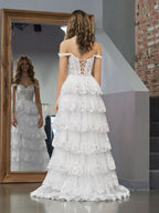 Graceful White Princess A-Line Off-the-Shoulder White Corset Prom Dress with Lace Ruffles BM bride