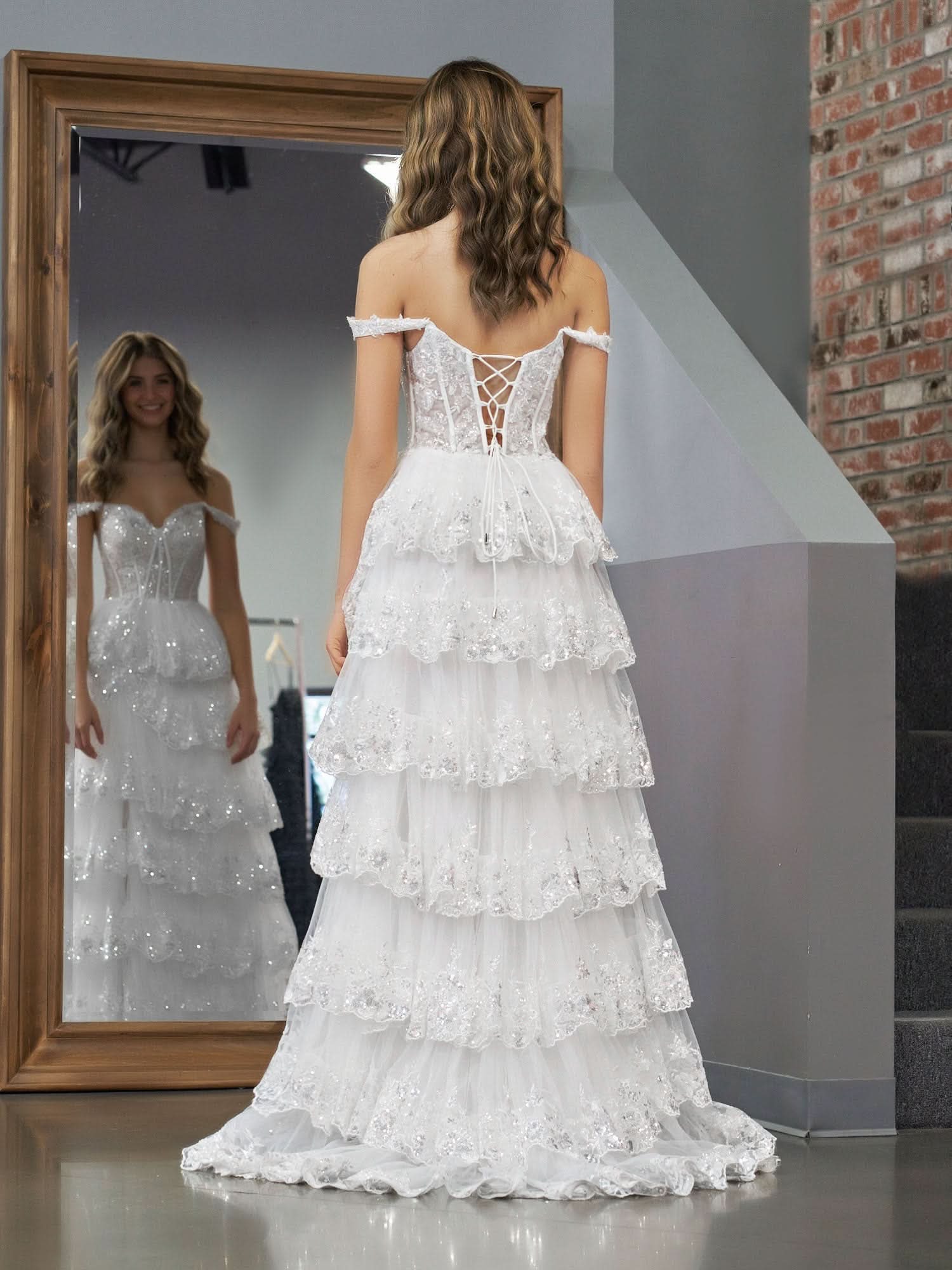 Graceful White Princess A-Line Off-the-Shoulder White Corset Prom Dress with Lace Ruffles BM bride