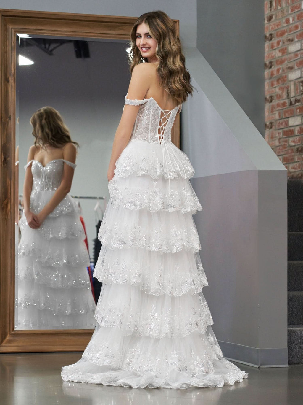Graceful White Princess A-Line Off-the-Shoulder White Corset Prom Dress with Lace Ruffles BM bride
