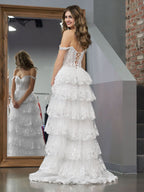 Graceful White Princess A-Line Off-the-Shoulder White Corset Prom Dress with Lace Ruffles BM bride
