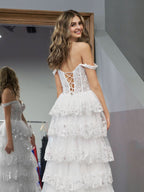 Graceful White Princess A-Line Off-the-Shoulder White Corset Prom Dress with Lace Ruffles BM bride