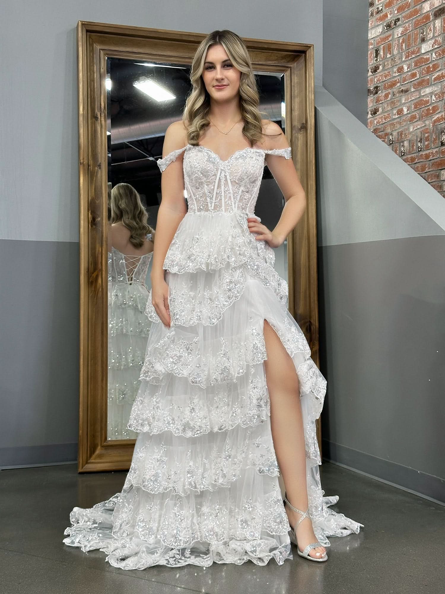 Graceful White Princess A-Line Off-the-Shoulder White Corset Prom Dress with Lace Ruffles BM bride