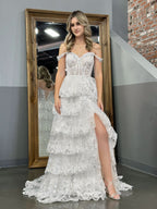 Graceful White Princess A-Line Off-the-Shoulder White Corset Prom Dress with Lace Ruffles BM bride