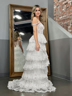 Graceful White Princess A-Line Off-the-Shoulder White Corset Prom Dress with Lace Ruffles BM bride