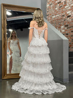 Graceful White Princess A-Line Off-the-Shoulder White Corset Prom Dress with Lace Ruffles BM bride