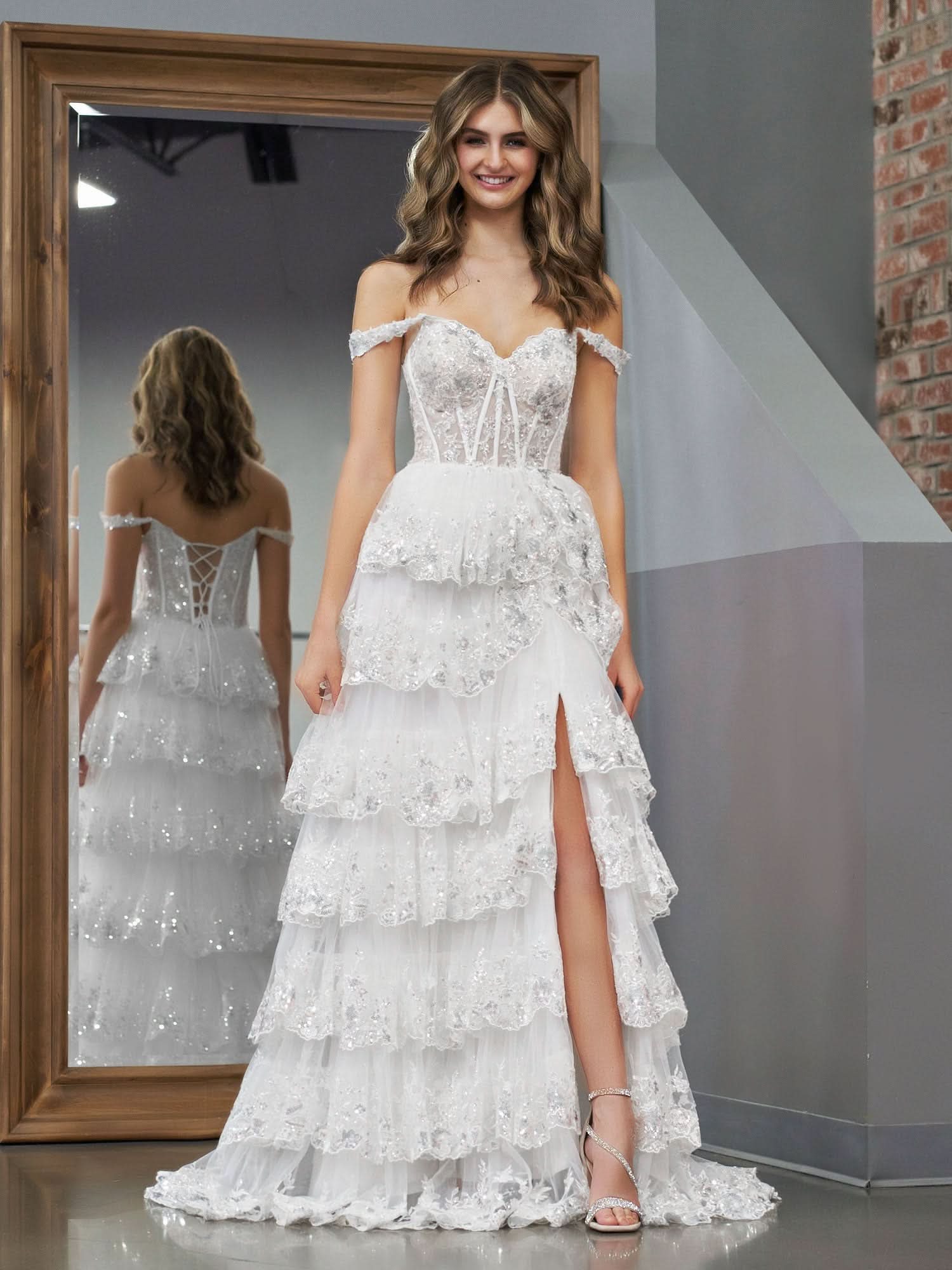 Graceful White Princess A-Line Off-the-Shoulder White Corset Prom Dress with Lace Ruffles BM bride
