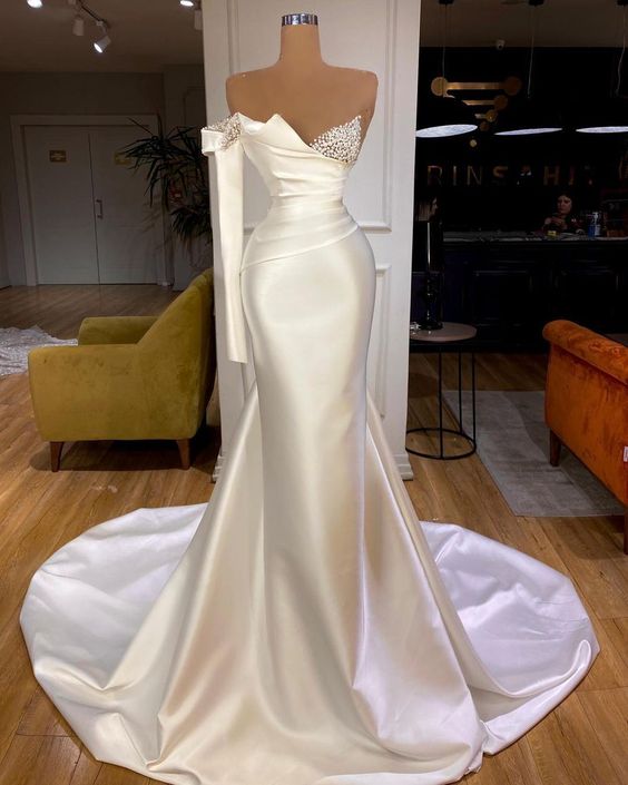 BMbride White Satin One Shoulder Long Mermaid Prom Dresses BMbride