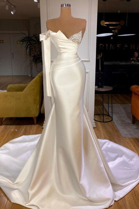 BMbride White Satin One Shoulder Long Mermaid Prom Dresses BMbride