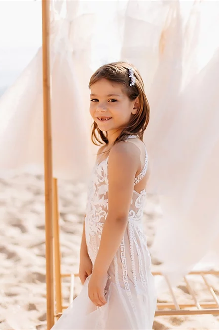BMbride White Short Sleeveless A-line Straps Flower Girls Dress With Lace BMbride