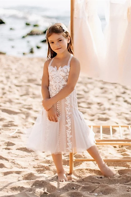 BMbride White Short Sleeveless A-line Straps Flower Girls Dress With Lace BMbride