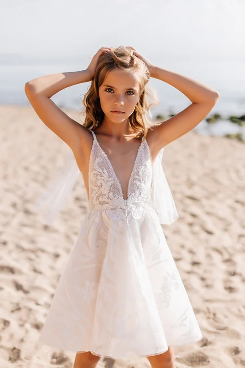 BMbride White Short Sleeveless Ball Gown Flower Girls Dress With Lace BMbride
