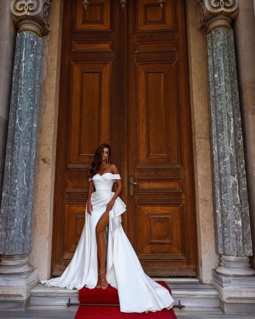 BMbride White Simple A-line Off-the-shoulder satin wedding dresses BMbride