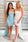 Strapless White Short Dress with Bow Back and Ruching BM bride