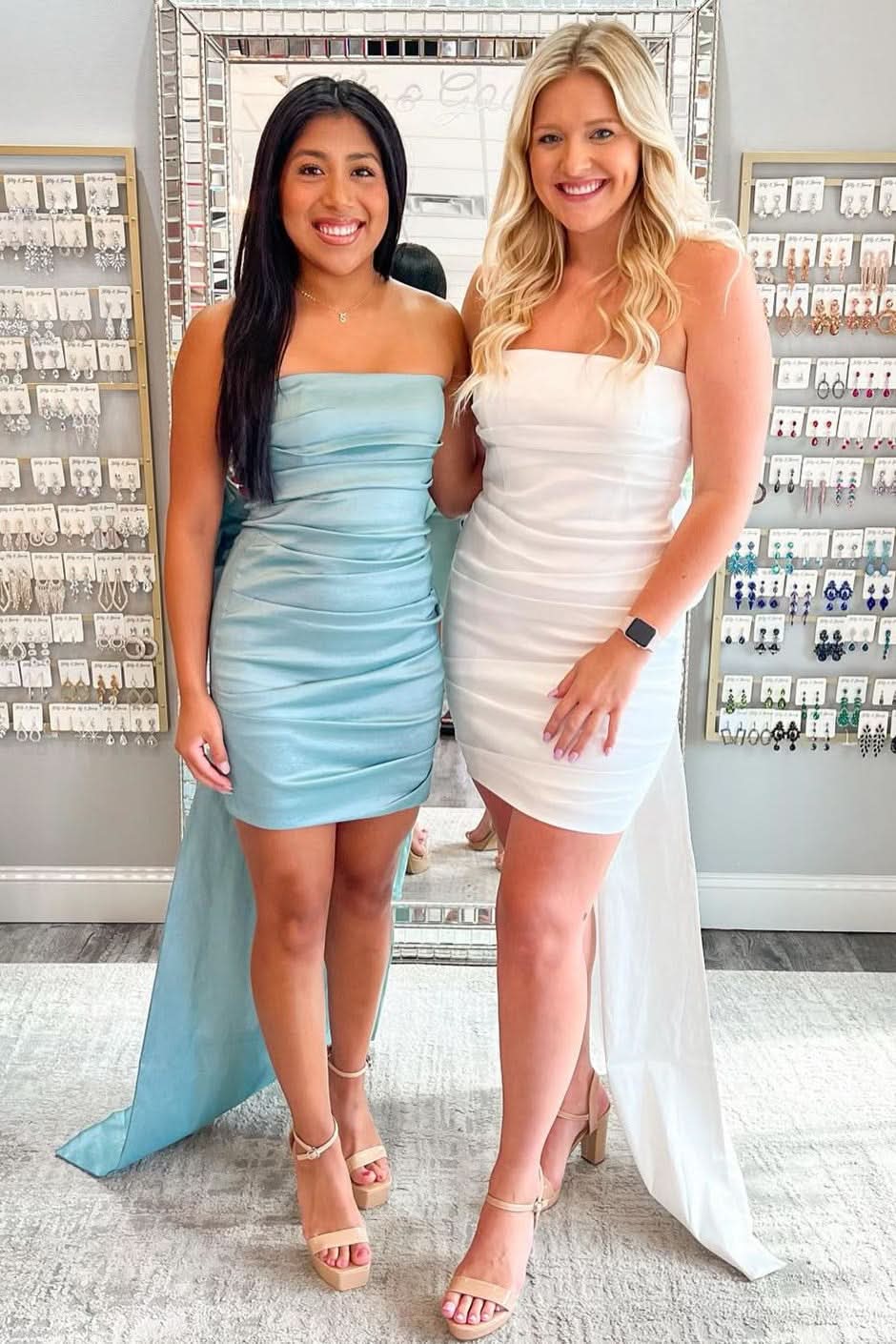 Strapless White Short Dress with Bow Back and Ruching BM bride