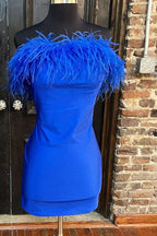White Strapless Feather Bodycon Short Party Dress BM bride
