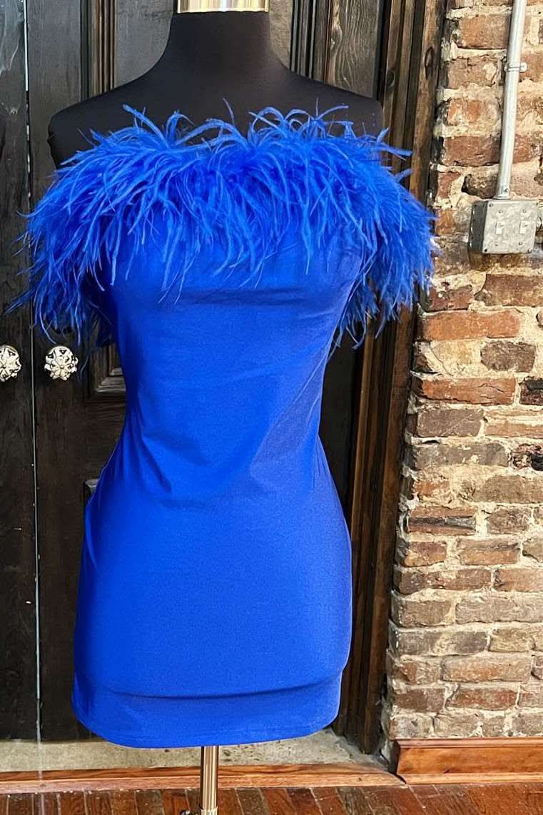 White Strapless Feather Bodycon Short Party Dress BM bride