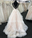 BMbride White Tulle V Neck Open Back Long Layered Wedding Dress BMbride